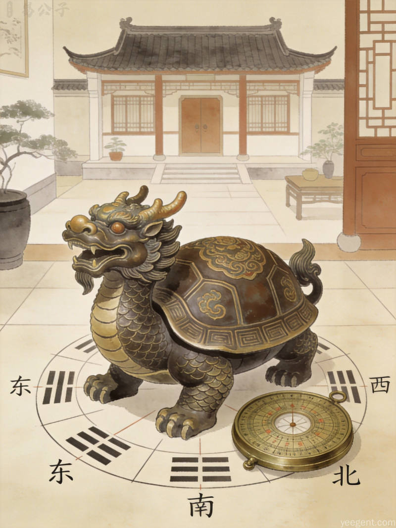 装修18个犯煞家居布局让你好运变厄运配图——房屋轮廓、实物质感风格、龙龟摆件传统美学插画