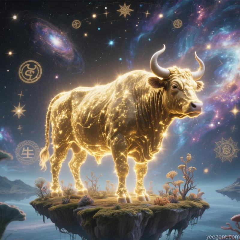 属牛人2026年下半年发展态势,金色公牛踏于星辰水面,周围星云璀璨,象征属牛人稳步前行与事业突破