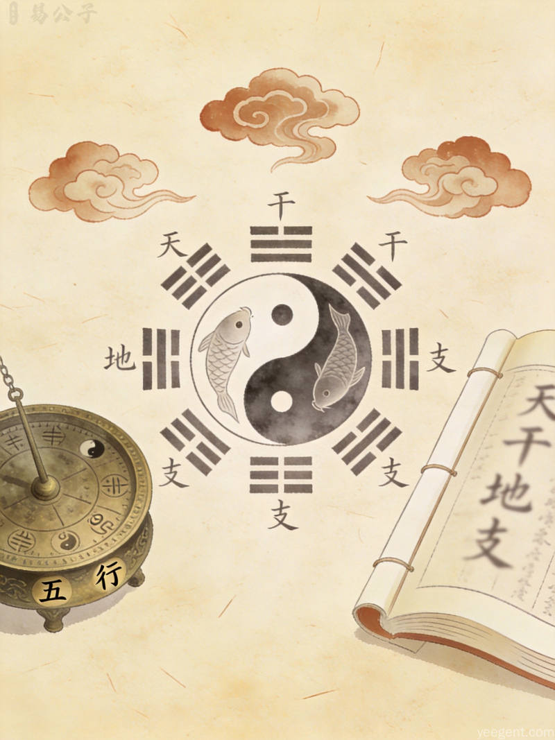 为何高手看八字从不纠结缺啥补啥原来他们都看这个配图——五行符号、宣纸纹理风格、八卦图传统美学插画