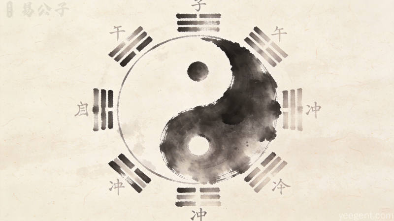 水墨晕染命盘图案,天干地支符号若隐若现,宣纸纹理背景,呈现子午相冲的命理意象