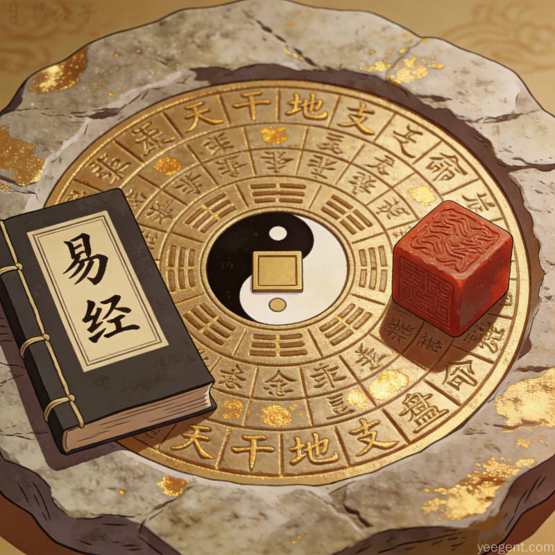 八字命理入门指南四柱八字的核心奥秘配图——命盘图案、金石篆刻风格、罗盘传统美学插画