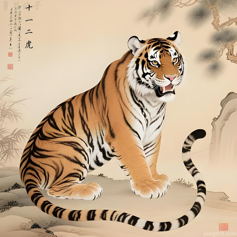 属虎人2026年工笔老虎坐姿山水背景,象征贵人相助情形