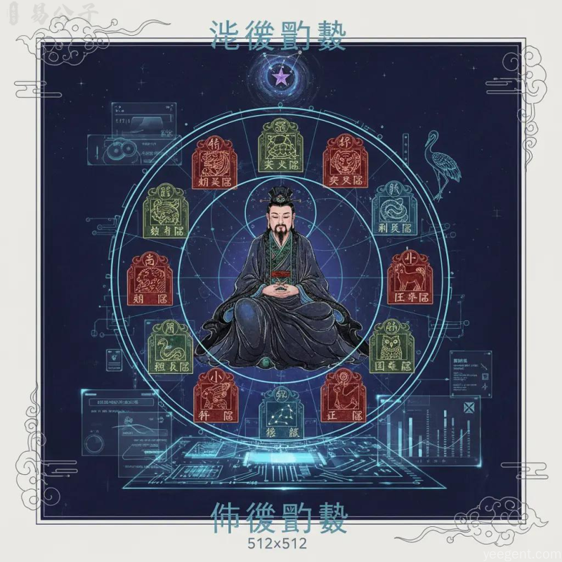 紫微斗数命盘解析:古代道家人物与星曜法阵的融合画面