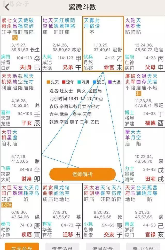 紫微斗数命盘示例图:展示汪女士命盘中十二宫位与星曜配置