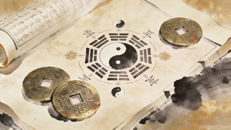 天干地支符号与太极图案的传统文化元素组合,宣纸纹理背景