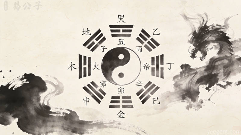古典命盘图解,八字五行生克关系示意图,宣纸纹理背景呈现学术厚重感