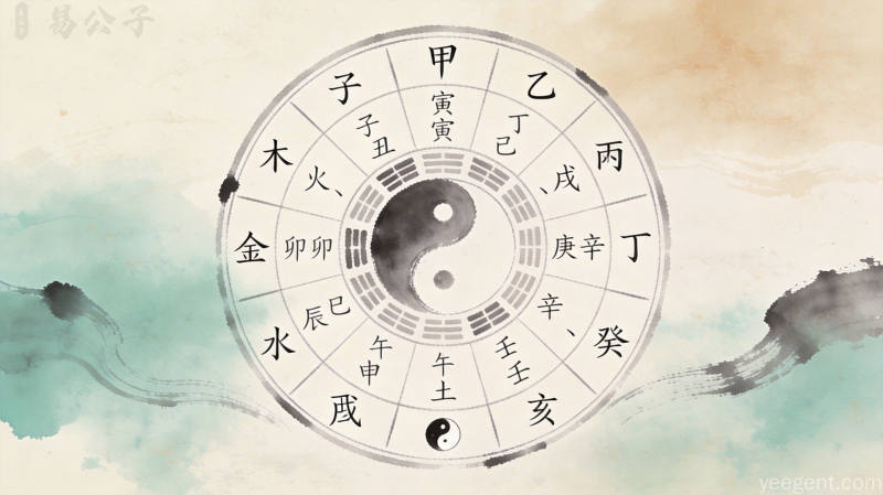 传统命理文化插图,流年干支与命局关系图,水墨渐变风格意境悠远