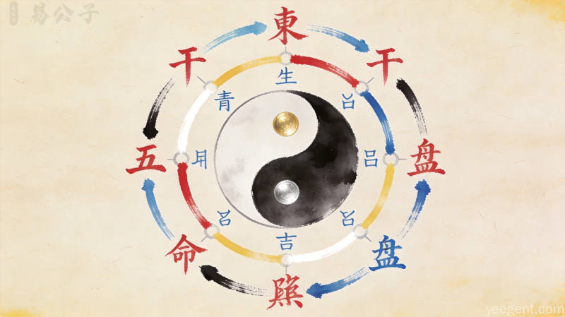 传统命理典籍中干支符号图解,体现五行流转意境