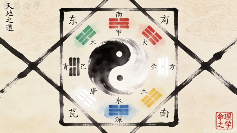命盘推演示意图,展现天干地支与五行生克关系
