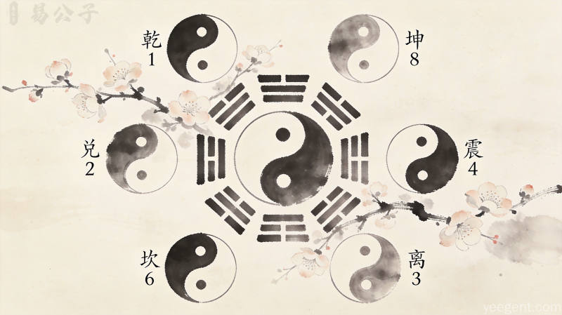 传统占筮文化插图,八卦与五行元素结合,古籍书页质感