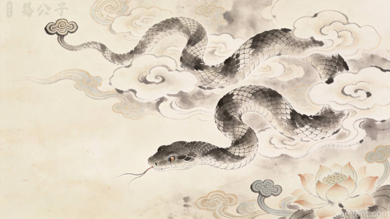 传统典籍中蛇意象的抽象表达,水墨晕染呈现变化与转化的文化符号