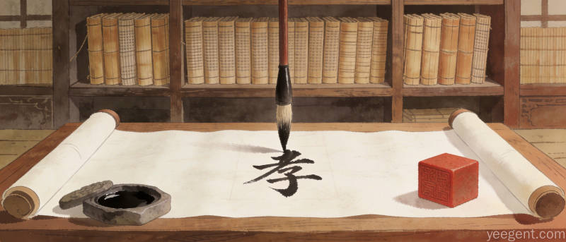 书法卷轴风格的取名场景,毛笔在宣纸上书写汉字配以印章砚台