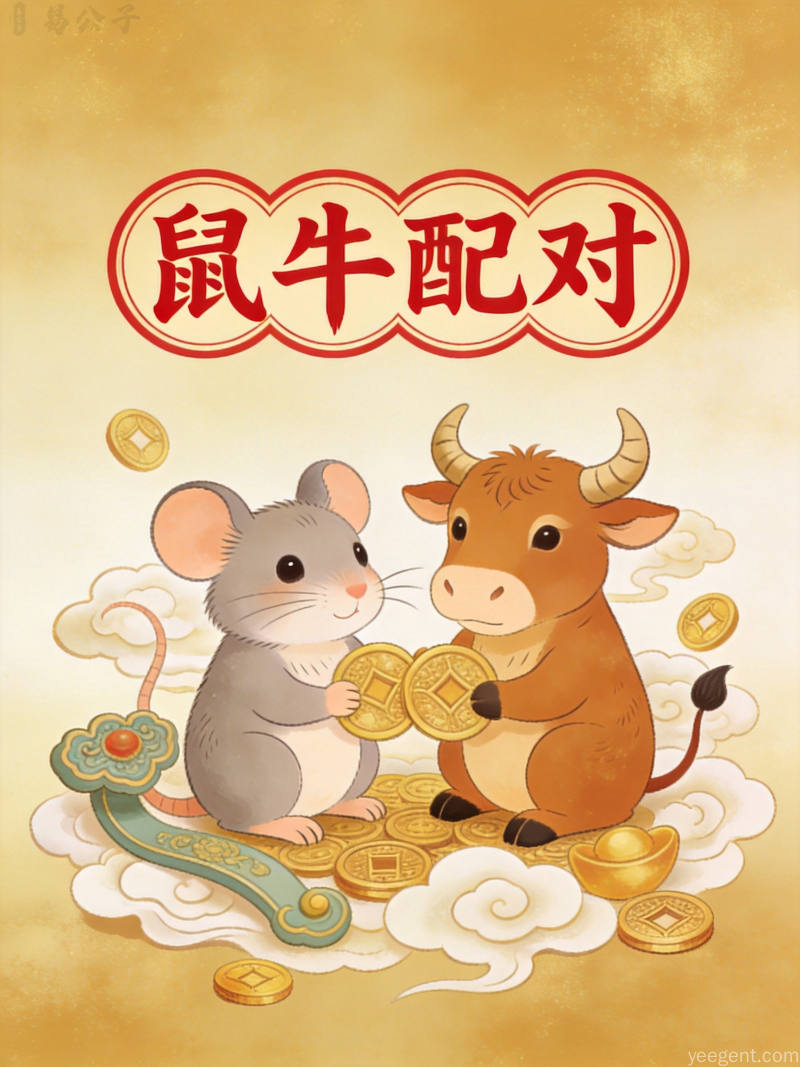 十二生肖圆盘图案,鼠位与牛位相邻 highlighting 子丑六合关系
