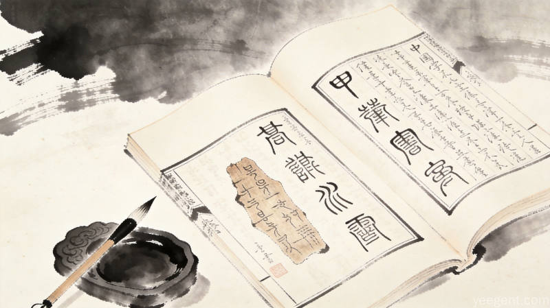 古典学研究意象,古籍书页与毛笔砚台