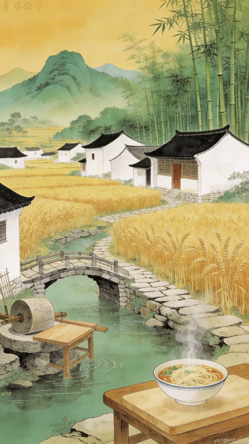 夏至时节江南水乡麦田丰收后品尝新麦面食的传统画面