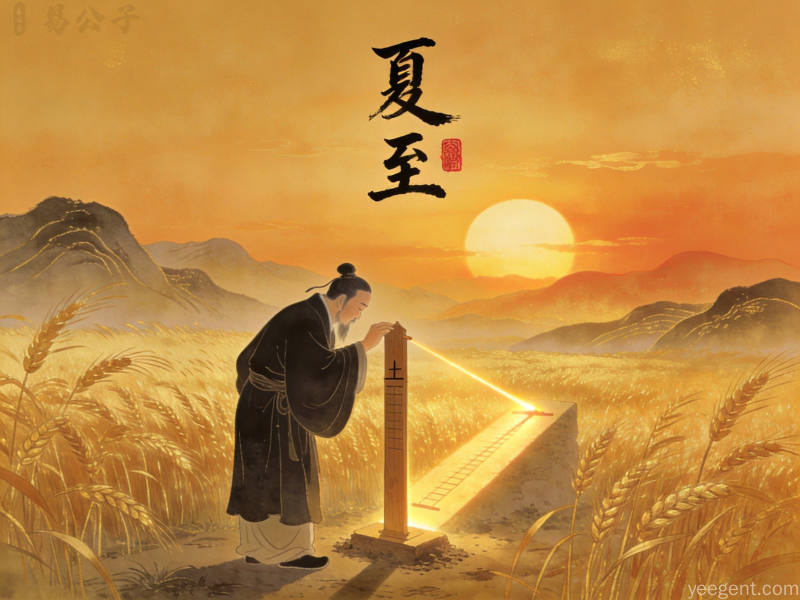 古代学者用土圭测量日影确定夏至节气,金色麦田旁学者观测日影,展现节气文化的深厚渊源