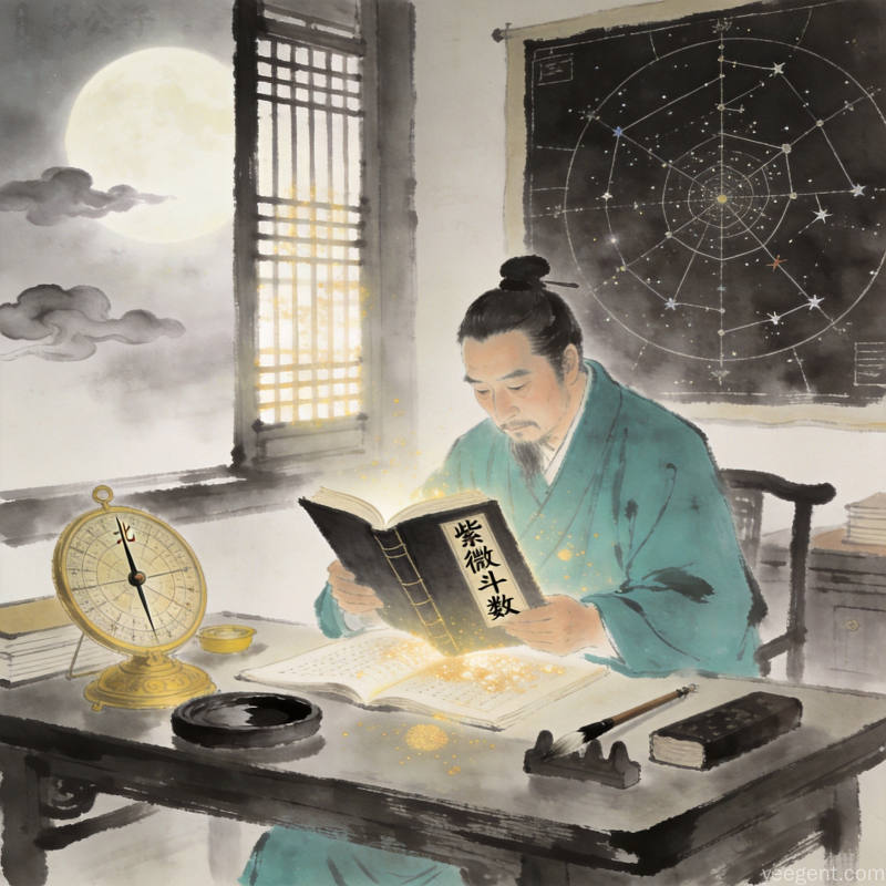 宣纸上朱砂色勾勒的紫微斗数命盘示意图，十四主星分布其间，配以金石篆刻装饰，呈古朴学术氛围