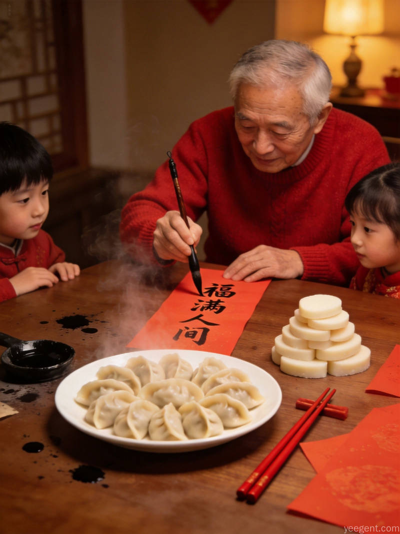 春节年夜饭团圆场景:家人围坐共进除夕团圆饭,桌上摆放鱼和饺子等寓意吉祥的传统年菜