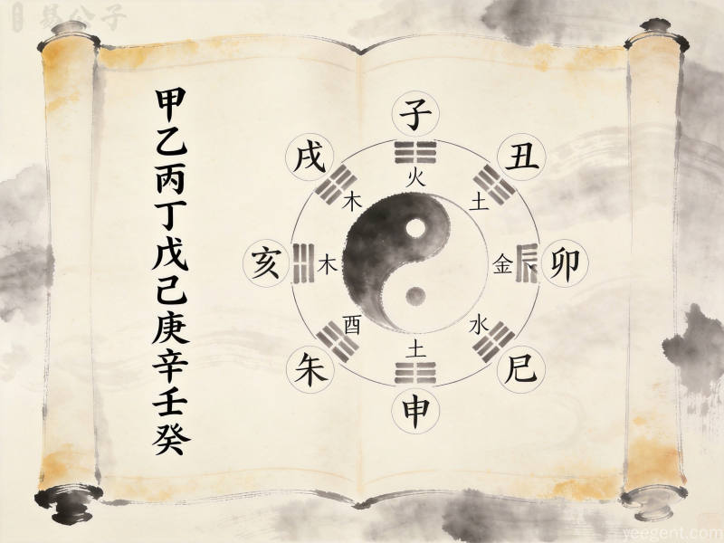 天干地支五行属性排列与传统命理文化水墨风格图解