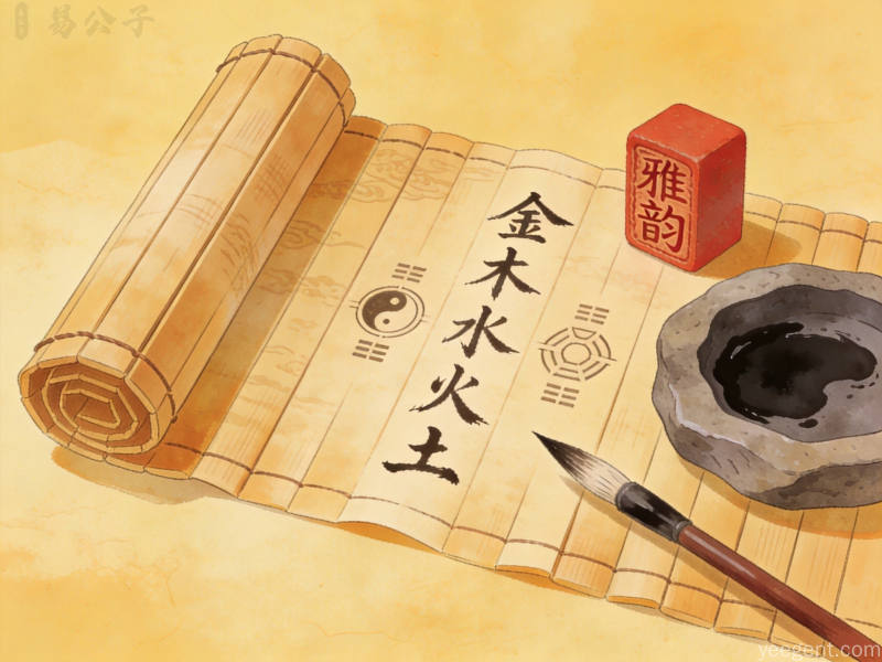 五行符号与毛笔字搭配砚台元素的书卷气画面展现取名文化传统