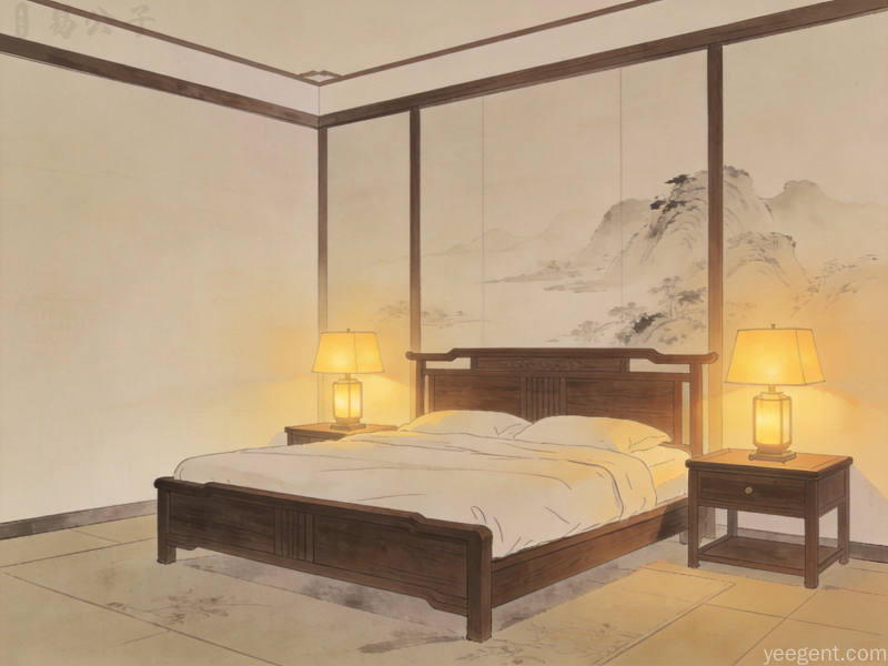 卧室床头朝向讲究主题插画,展示正确的床位摆放方式与风水方位示意,传统罗盘元素搭配现代家居空间