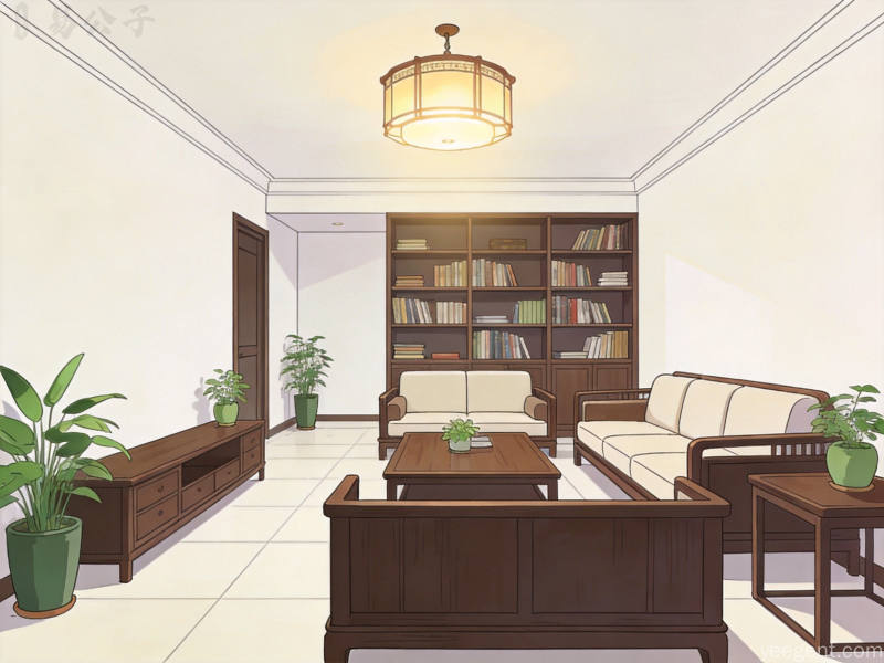 理想家居收纳空间插画,整齐有序的客厅展示柜与绿植装饰,简约有序的新中式生活美学风格画面