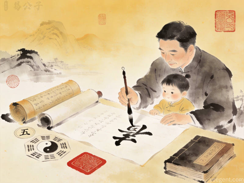 书法印章风格插画,父亲手持毛笔在宣纸上为孩子书写名字,旁有五行八字卷轴古籍,淡雅水墨山水背景