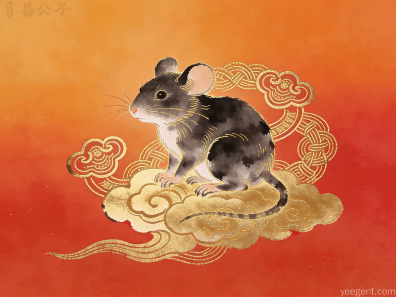 国潮插画风格生肖动物与元宝桃花相映成趣,红金配色呈现吉祥如意的传统祥瑞氛围