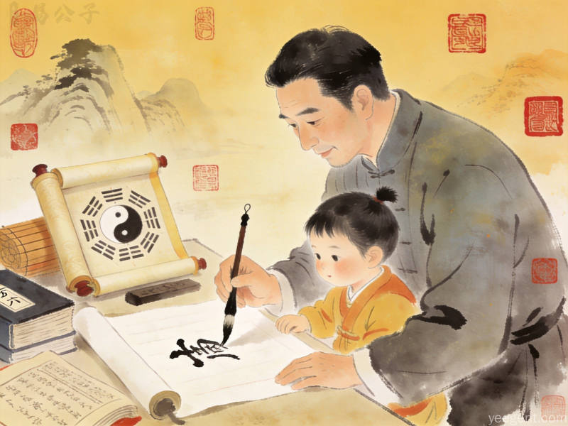 水墨丹青风格的新生儿取名主题插画,竹简卷轴上书写汉字,印章点缀其间,书卷气息浓厚的文气庄重画面