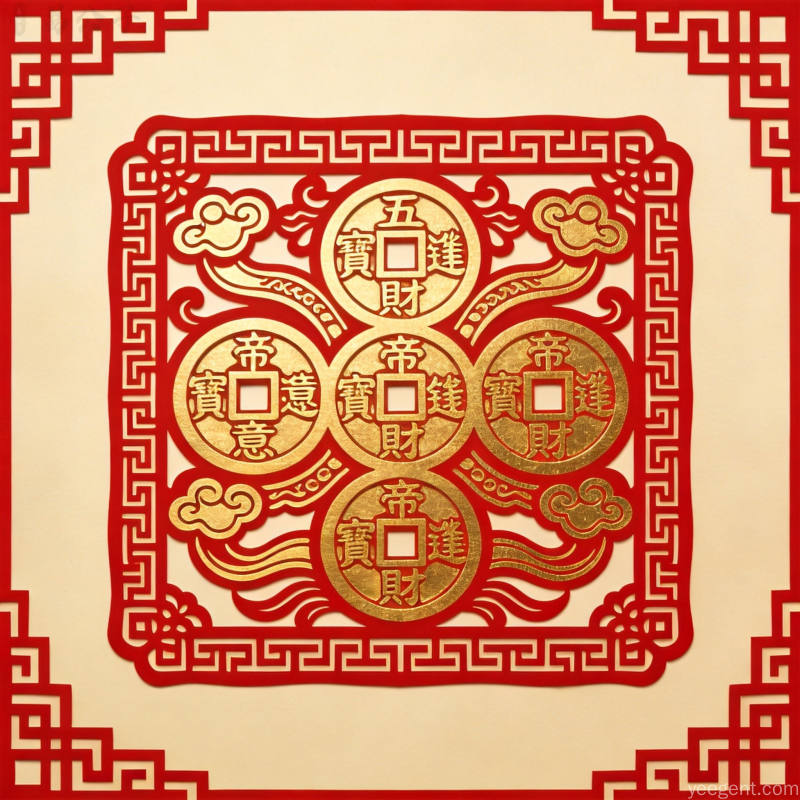 红色与金色剪纸风格的五帝钱和如意纹样组合,配以回纹边框的传统吉祥装饰图案