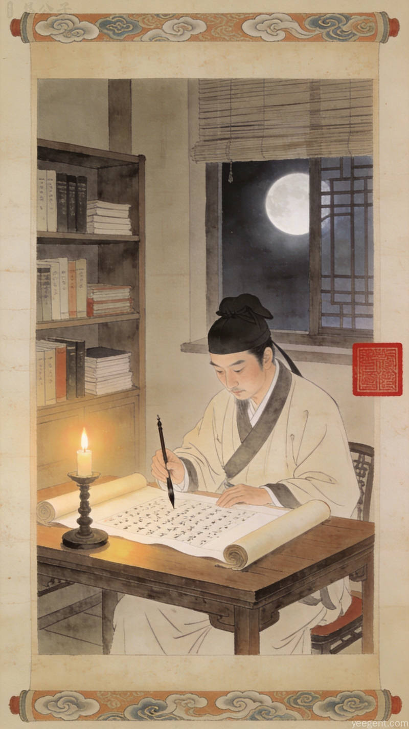 古代书生在烛光下研读字帖的工笔画意境画面,搭配印章卷轴等传统文化元素