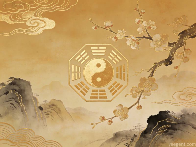 金线勾勒的梅花枝条与易经卦象符号组合,淡墨山水背景配祥云纹样的古朴典雅画面