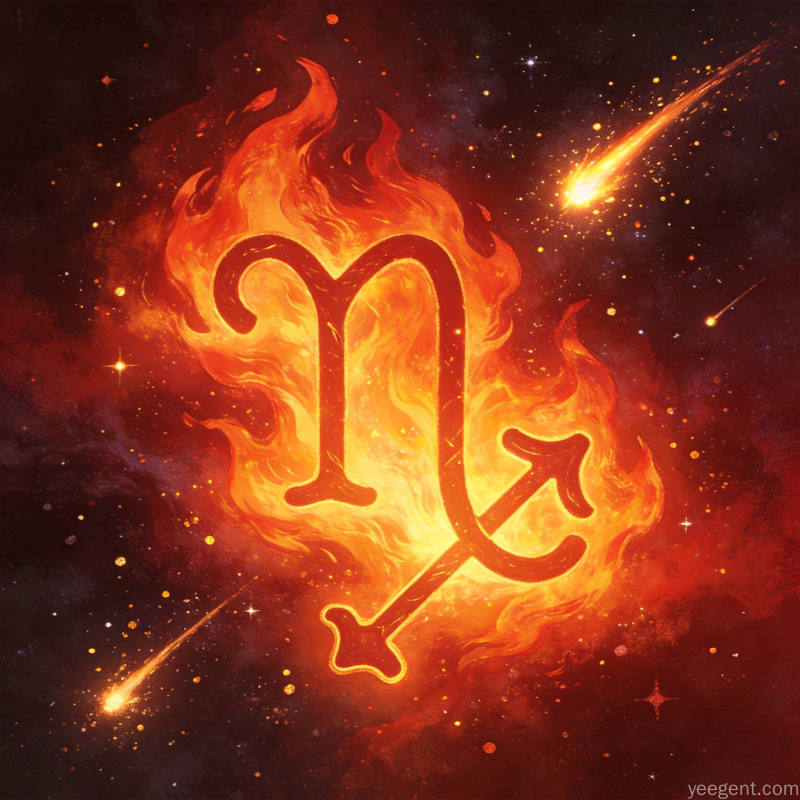 火焰元素与星座符号融合的抽象艺术图案,暖色调红橙渐变搭配流星和星尘元素