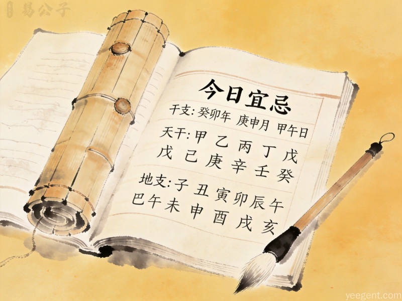 古典风格书桌上摆放着文房四宝与老黄历