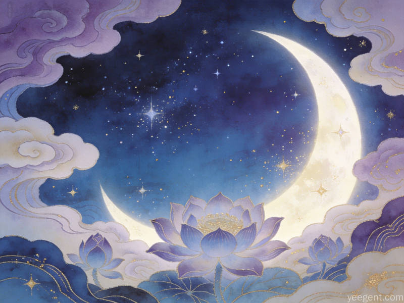 莲花与星辰点缀的梦幻夜空展现吉利梦境的神秘氛围