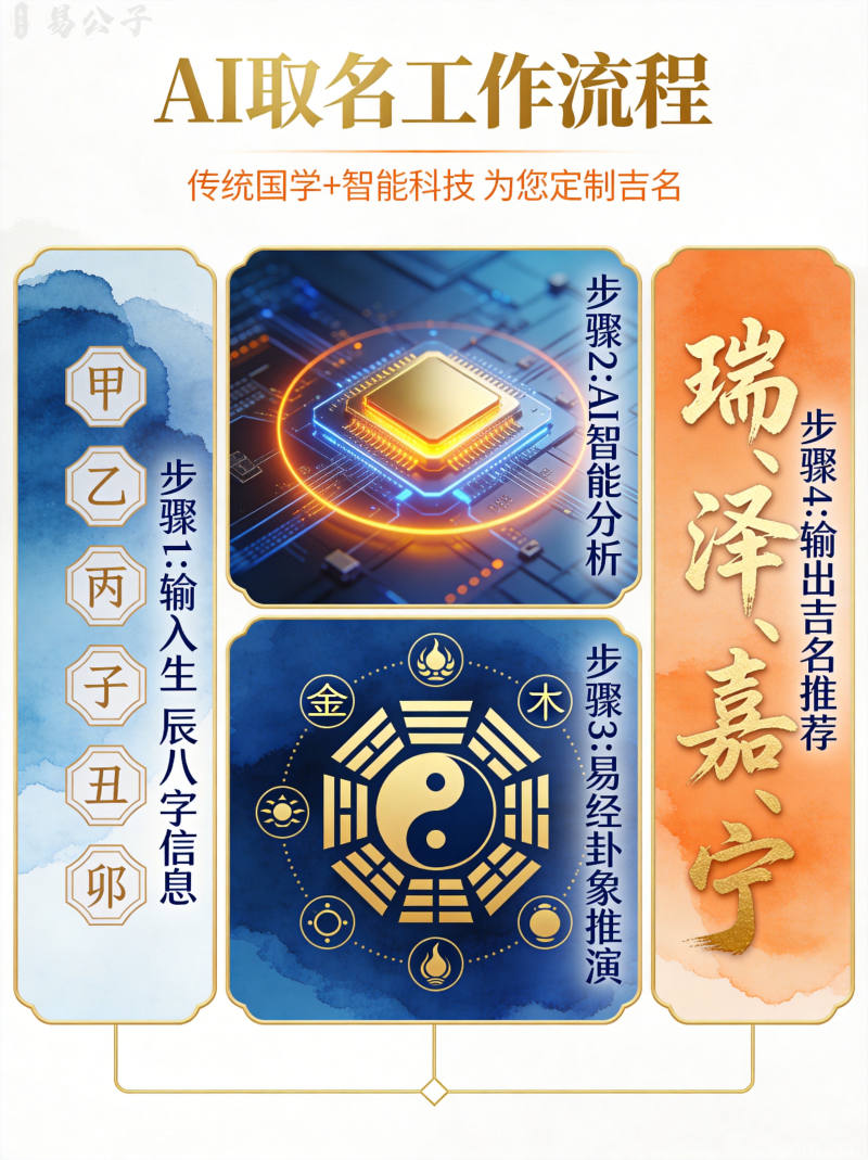 AI易经取名工作流程 - 输入信息、智能分析、获取结果