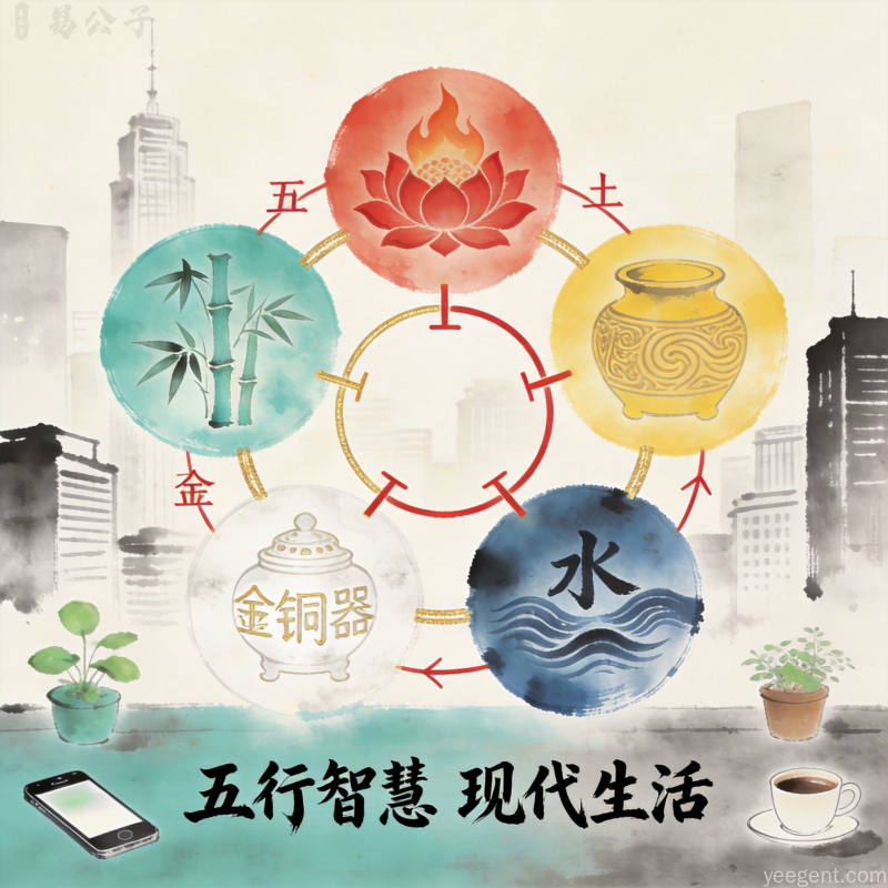 五行相生相克原理配图,呈现木火土金水五大元素的融合