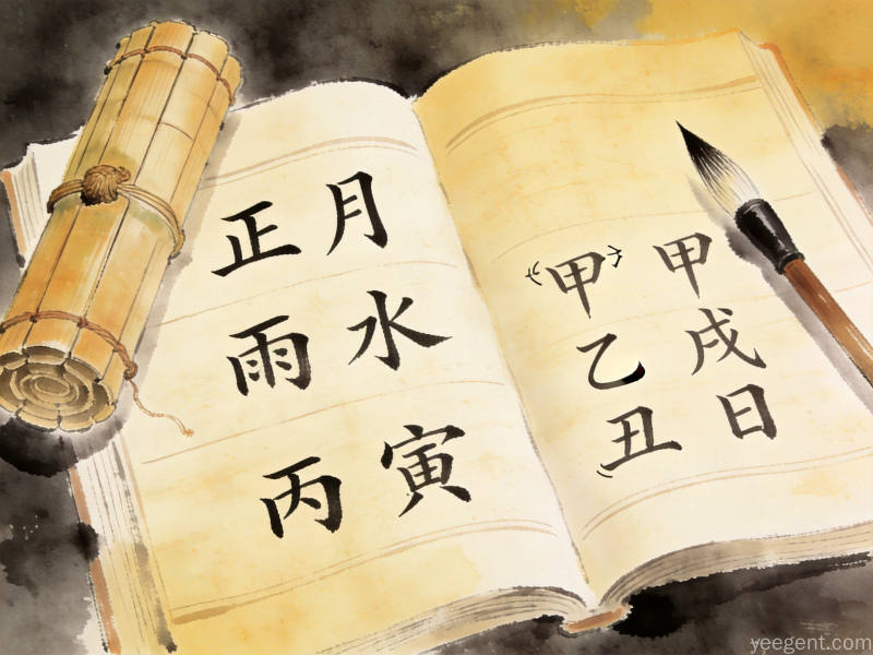 传统干支符号与竹简毛笔构成古朴文化场景