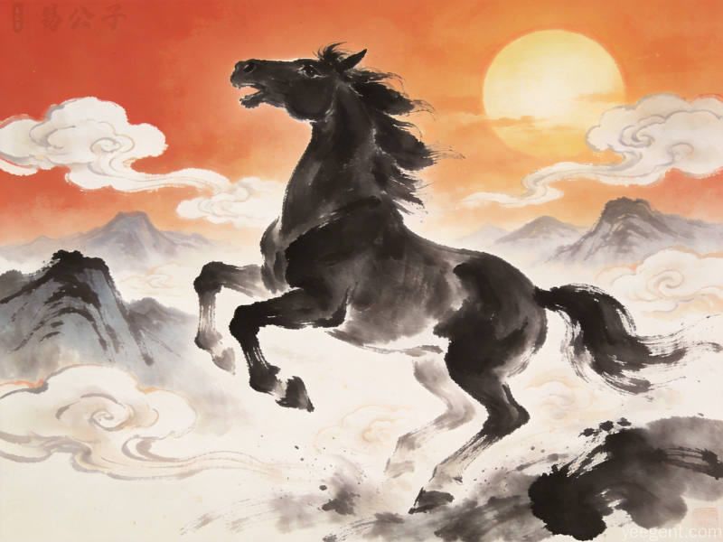 水墨山水间生肖图案,太极八卦元素点缀,古典雅致