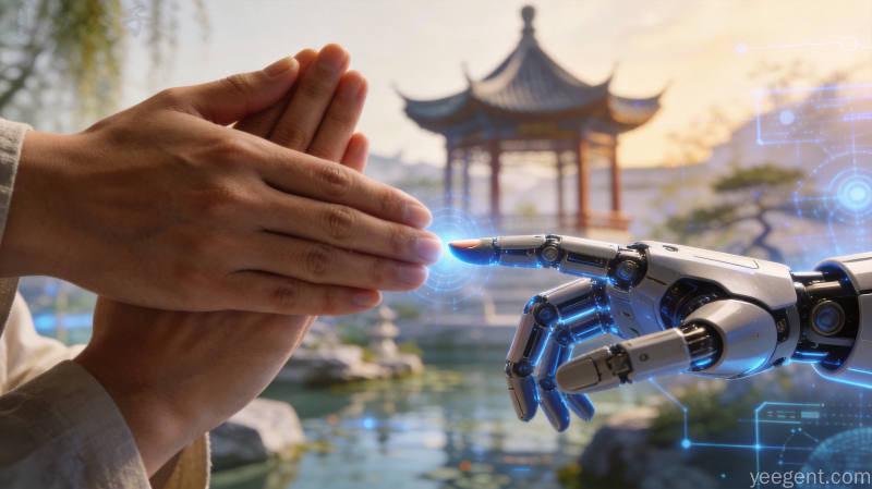 人类与机器人握手,象征古今智慧的融合