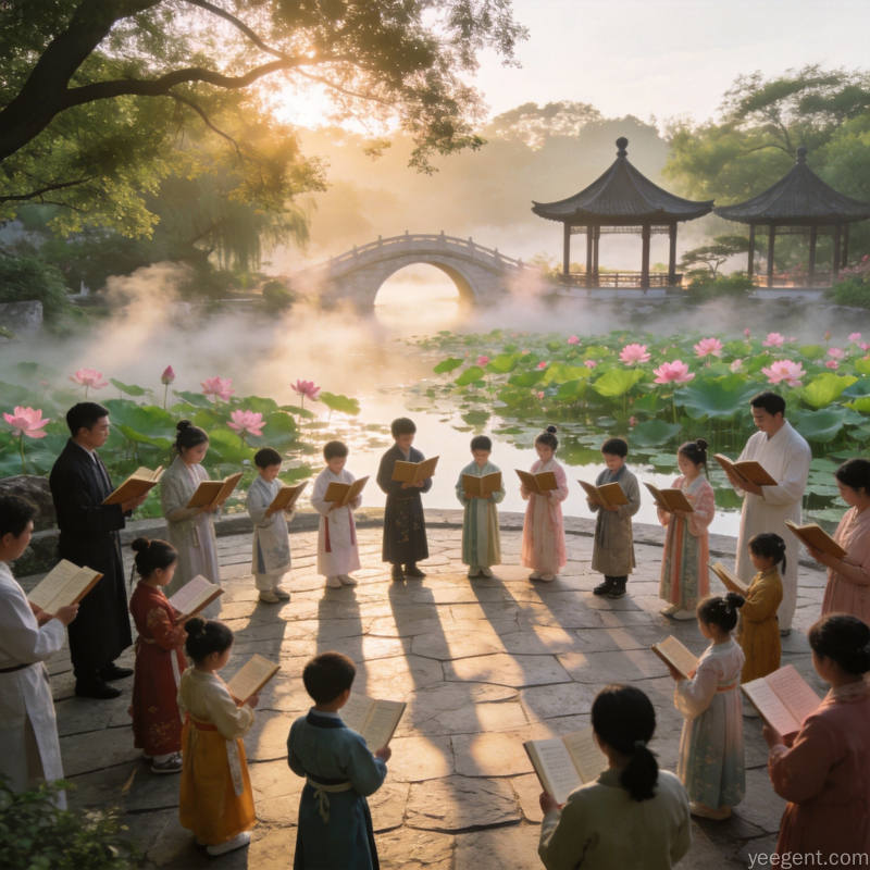 户外晨读场景,家庭与孩子共同体验国学之美