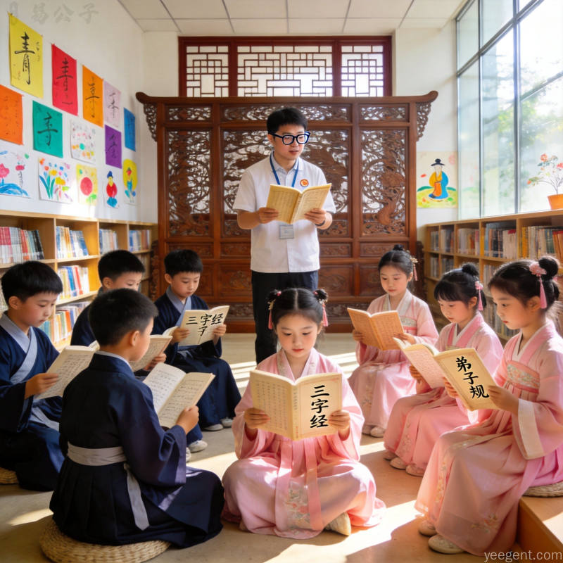 图书馆内的儿童国学诵读活动,孩子们身着汉服学习