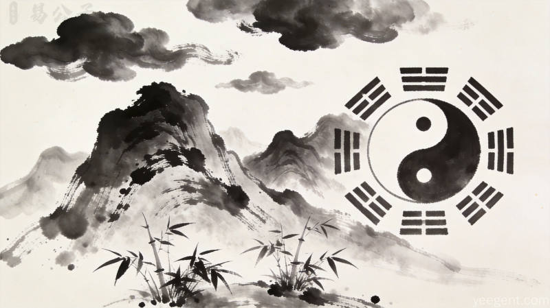 水墨风格太极八卦图,竹叶点缀其间,展现传统文化韵味