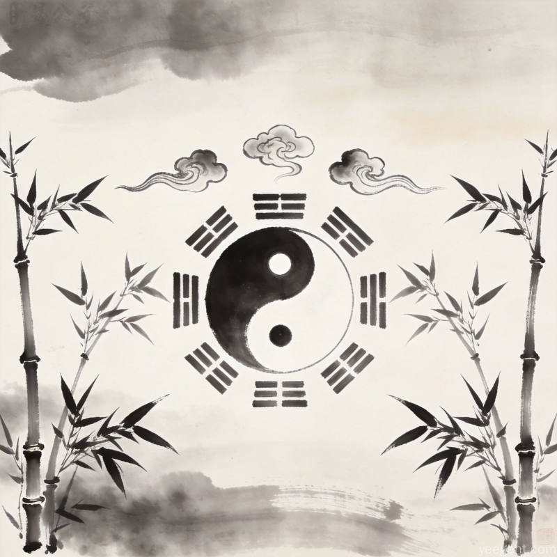 水墨八卦太极意境图，祥云环绕呈现古典美感