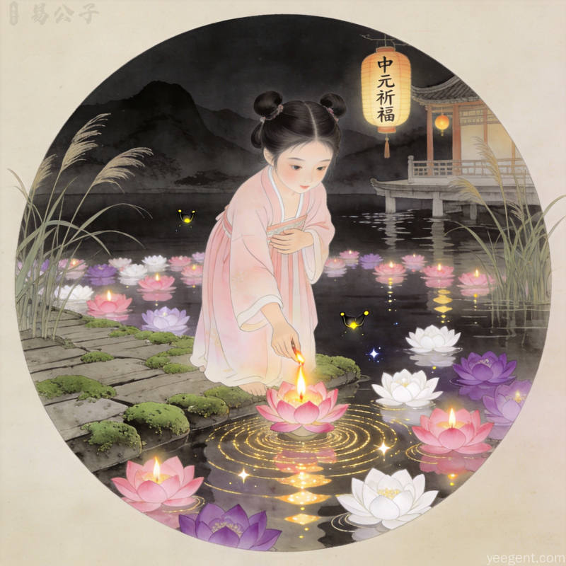 中元节河灯祈福体现传统民俗文化