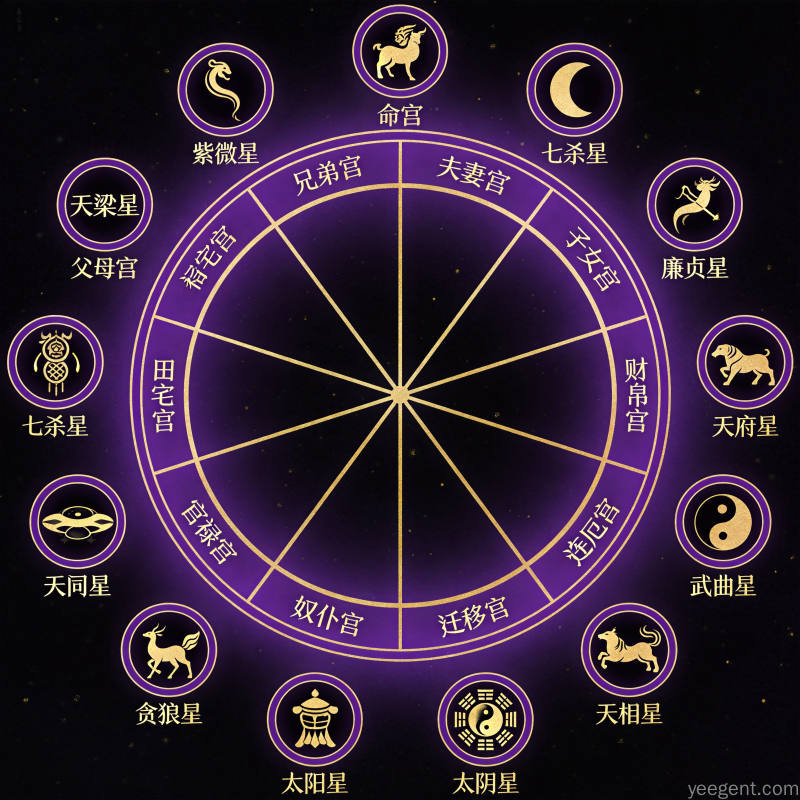 紫微斗数十二宫位命盘星曜排列示意