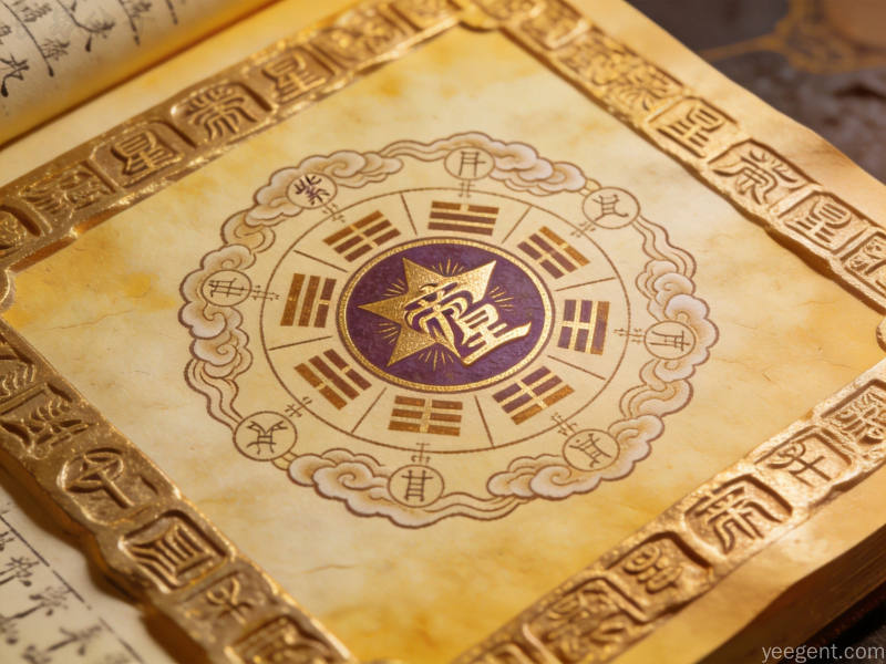 古籍书页风格紫微帝星图案配天干地支符号