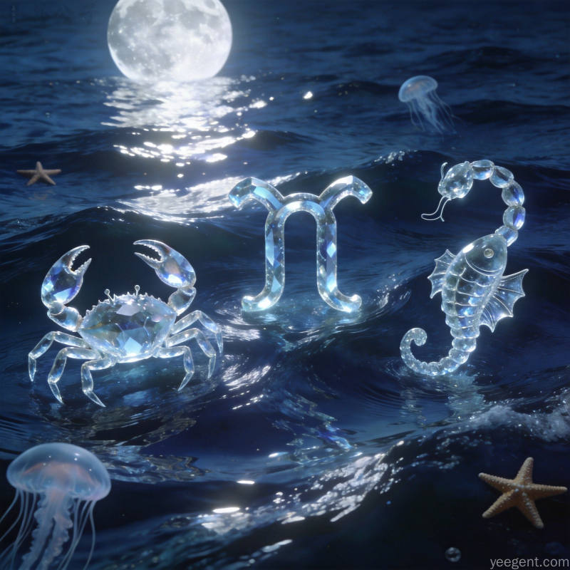 水象星座在深蓝色海洋月光下呈现梦幻意境