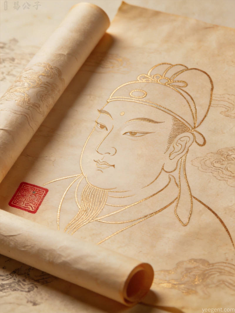 金线勾勒的传统面部轮廓图,搭配卷轴印章元素,古朴典雅