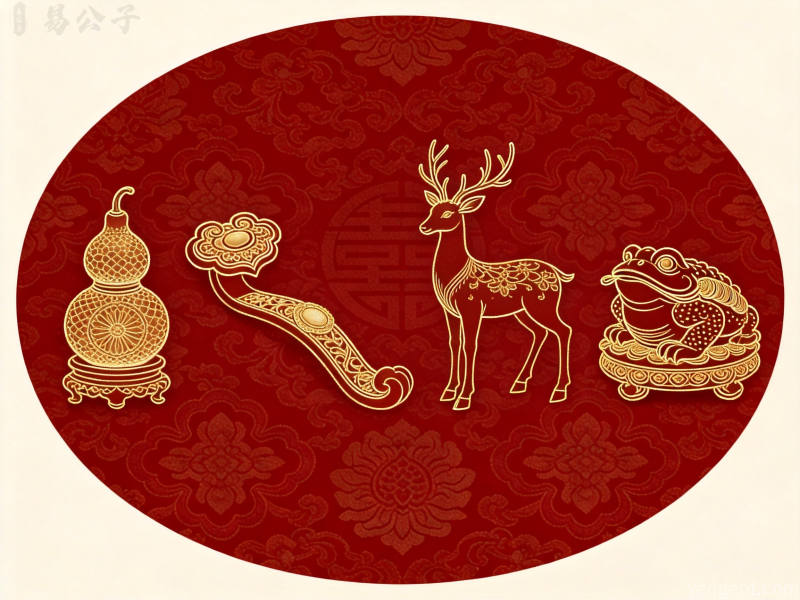 金线勾勒传统吉祥物葫芦如意鹿金蟾组合图